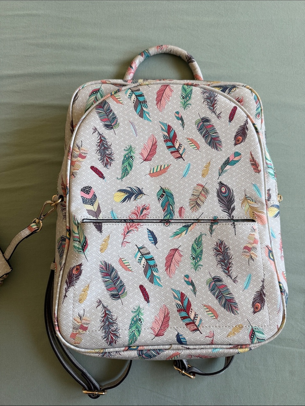 Feather Print Convertible Backpack Tote - Multicolor